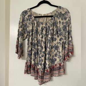 Women's Cream, Maroon, Blue Printed On Off Knit Top, Created for Macy's Medium